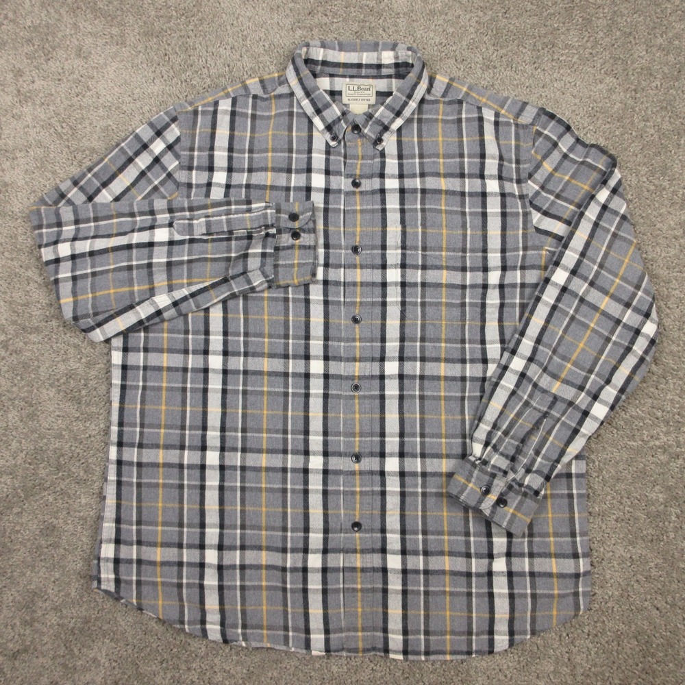 LL Bean Shirt Mens XL Gray Scotch Plaid Flannel Twill Outdoor Tartan Button Up